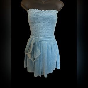 NWT vintage juicy couture blue terry L romper  Smocked shorts  with Waist Tie